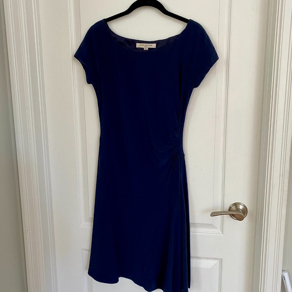 Evan Picone Navy A-Line Cap Sleeve Knee-Length Jersey Dress with Side Ruching